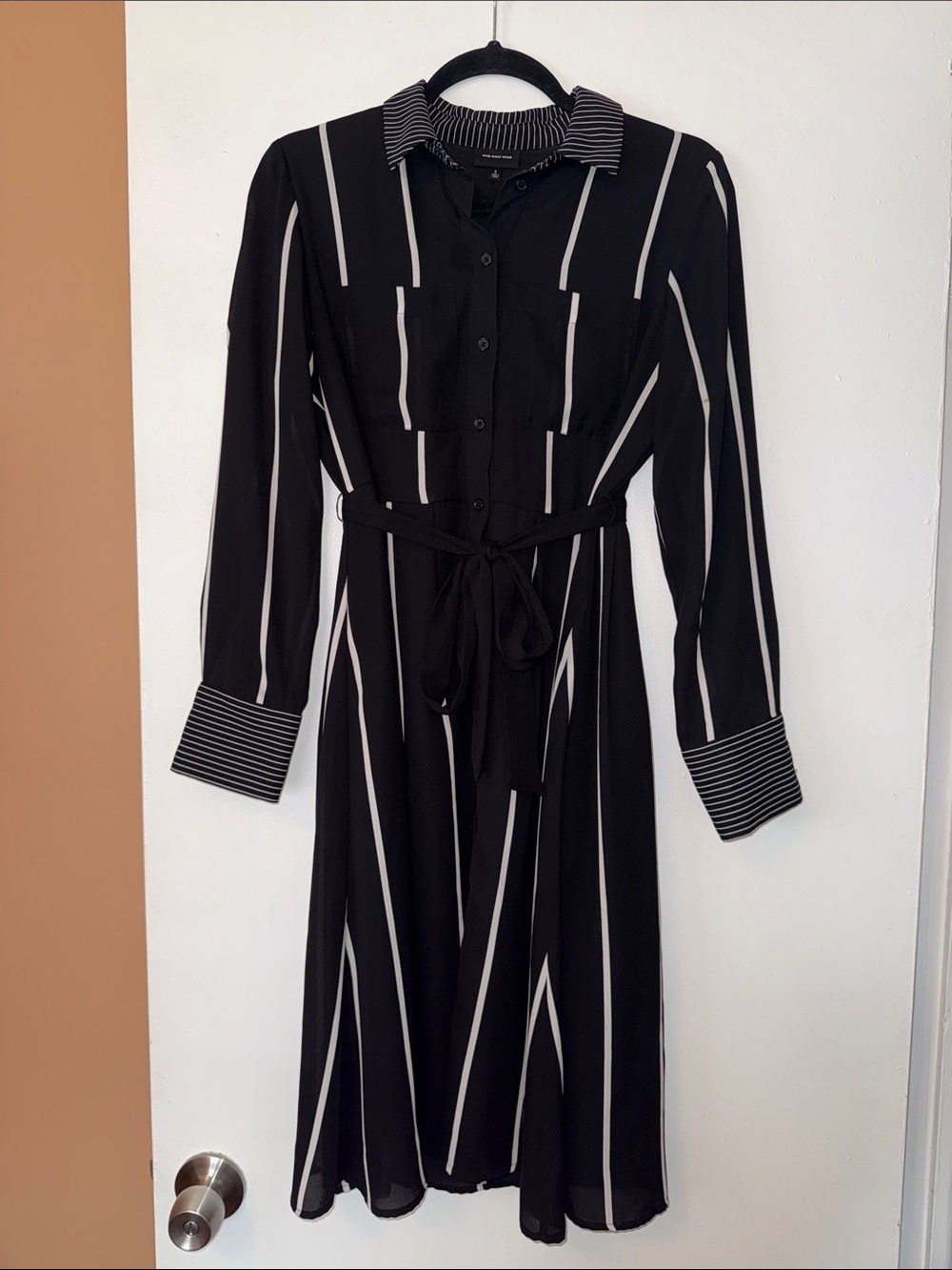 Who What Wear Black & White Striped Shirt Dress with Tie Waist
